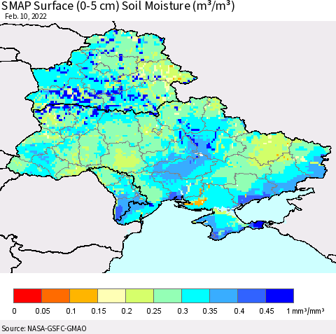 Ukraine, Moldova and Belarus SMAP Surface (0-5 cm) Soil Moisture (m³/m³) Thematic Map For 2/6/2022 - 2/10/2022