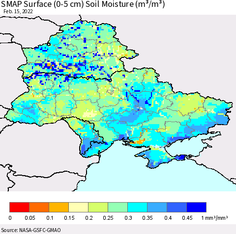 Ukraine, Moldova and Belarus SMAP Surface (0-5 cm) Soil Moisture (m³/m³) Thematic Map For 2/11/2022 - 2/15/2022