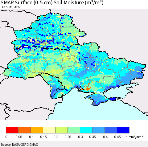 Ukraine, Moldova and Belarus SMAP Surface (0-5 cm) Soil Moisture (m³/m³) Thematic Map For 2/16/2022 - 2/20/2022