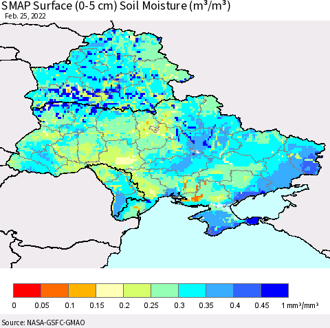 Ukraine, Moldova and Belarus SMAP Surface (0-5 cm) Soil Moisture (m³/m³) Thematic Map For 2/21/2022 - 2/25/2022