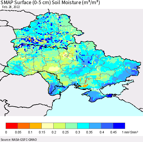 Ukraine, Moldova and Belarus SMAP Surface (0-5 cm) Soil Moisture (m³/m³) Thematic Map For 2/26/2022 - 2/28/2022