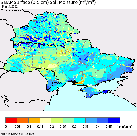 Ukraine, Moldova and Belarus SMAP Surface (0-5 cm) Soil Moisture (m³/m³) Thematic Map For 3/1/2022 - 3/5/2022