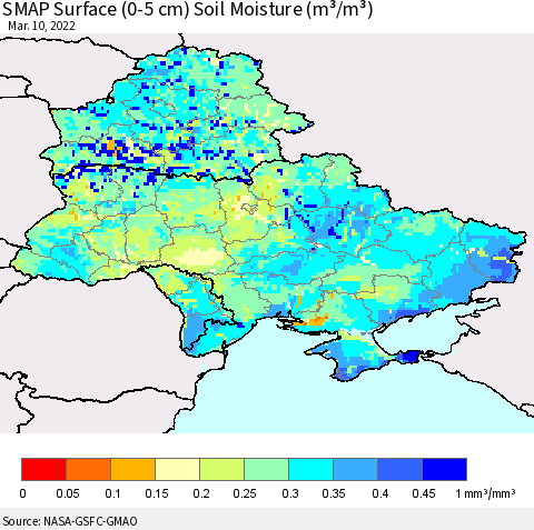 Ukraine, Moldova and Belarus SMAP Surface (0-5 cm) Soil Moisture (m³/m³) Thematic Map For 3/6/2022 - 3/10/2022