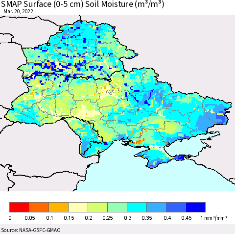 Ukraine, Moldova and Belarus SMAP Surface (0-5 cm) Soil Moisture (m³/m³) Thematic Map For 3/16/2022 - 3/20/2022