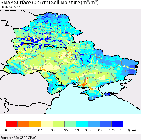 Ukraine, Moldova and Belarus SMAP Surface (0-5 cm) Soil Moisture (m³/m³) Thematic Map For 3/21/2022 - 3/25/2022