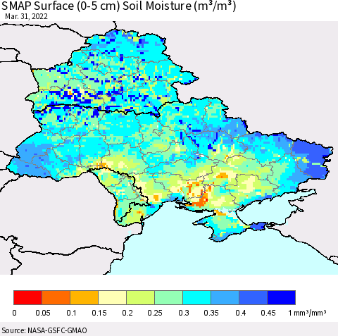 Ukraine, Moldova and Belarus SMAP Surface (0-5 cm) Soil Moisture (m³/m³) Thematic Map For 3/26/2022 - 3/31/2022