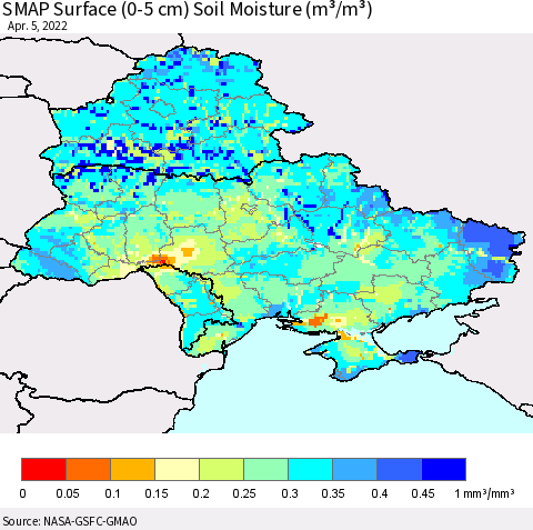Ukraine, Moldova and Belarus SMAP Surface (0-5 cm) Soil Moisture (m³/m³) Thematic Map For 4/1/2022 - 4/5/2022