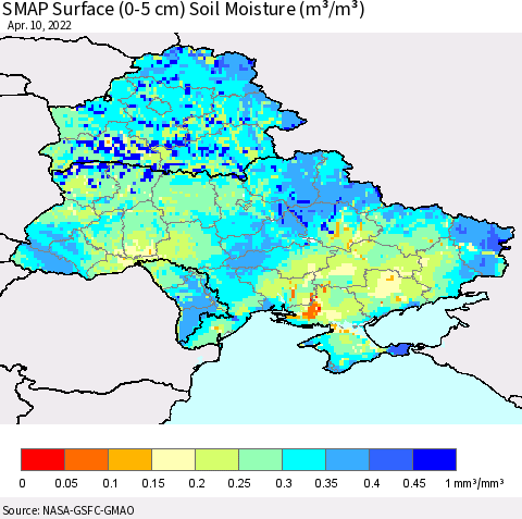 Ukraine, Moldova and Belarus SMAP Surface (0-5 cm) Soil Moisture (m³/m³) Thematic Map For 4/6/2022 - 4/10/2022