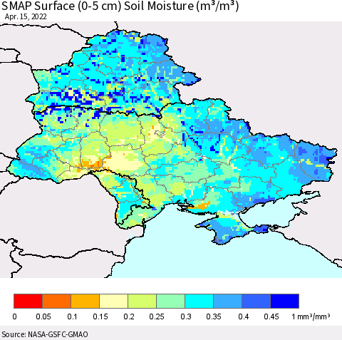 Ukraine, Moldova and Belarus SMAP Surface (0-5 cm) Soil Moisture (m³/m³) Thematic Map For 4/11/2022 - 4/15/2022