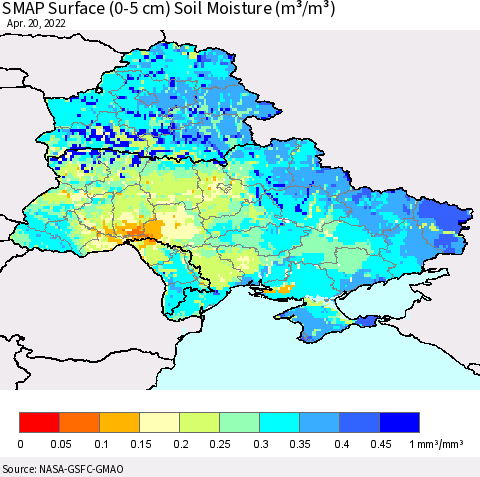 Ukraine, Moldova and Belarus SMAP Surface (0-5 cm) Soil Moisture (m³/m³) Thematic Map For 4/16/2022 - 4/20/2022