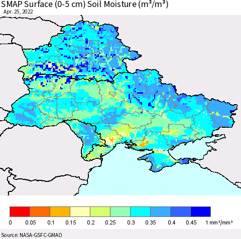 Ukraine, Moldova and Belarus SMAP Surface (0-5 cm) Soil Moisture (m³/m³) Thematic Map For 4/21/2022 - 4/25/2022