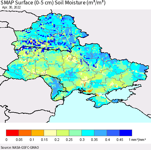Ukraine, Moldova and Belarus SMAP Surface (0-5 cm) Soil Moisture (m³/m³) Thematic Map For 4/26/2022 - 4/30/2022