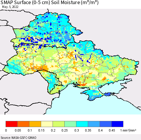 Ukraine, Moldova and Belarus SMAP Surface (0-5 cm) Soil Moisture (m³/m³) Thematic Map For 5/1/2022 - 5/5/2022