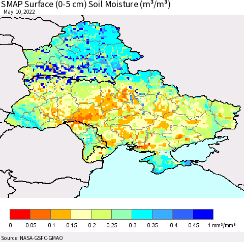 Ukraine, Moldova and Belarus SMAP Surface (0-5 cm) Soil Moisture (m³/m³) Thematic Map For 5/6/2022 - 5/10/2022