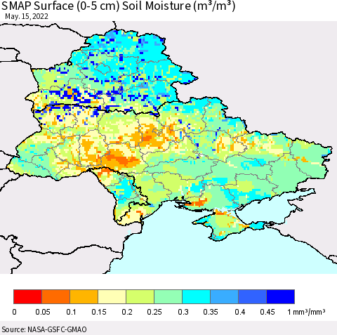 Ukraine, Moldova and Belarus SMAP Surface (0-5 cm) Soil Moisture (m³/m³) Thematic Map For 5/11/2022 - 5/15/2022