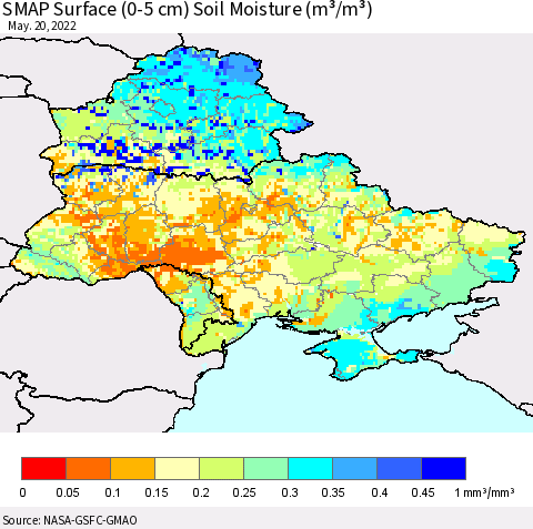 Ukraine, Moldova and Belarus SMAP Surface (0-5 cm) Soil Moisture (m³/m³) Thematic Map For 5/16/2022 - 5/20/2022