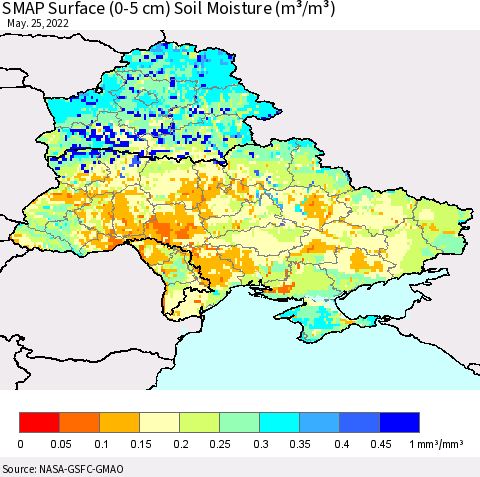 Ukraine, Moldova and Belarus SMAP Surface (0-5 cm) Soil Moisture (m³/m³) Thematic Map For 5/21/2022 - 5/25/2022