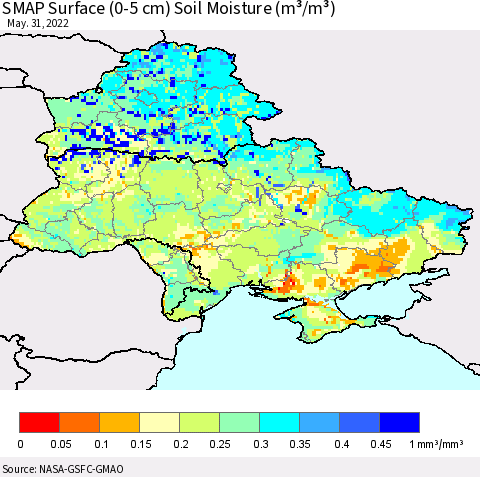 Ukraine, Moldova and Belarus SMAP Surface (0-5 cm) Soil Moisture (m³/m³) Thematic Map For 5/26/2022 - 5/31/2022