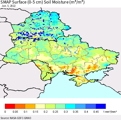 Ukraine, Moldova and Belarus SMAP Surface (0-5 cm) Soil Moisture (m³/m³) Thematic Map For 6/1/2022 - 6/5/2022
