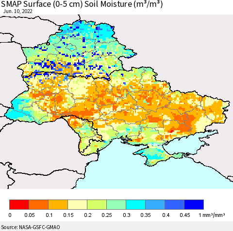 Ukraine, Moldova and Belarus SMAP Surface (0-5 cm) Soil Moisture (m³/m³) Thematic Map For 6/6/2022 - 6/10/2022