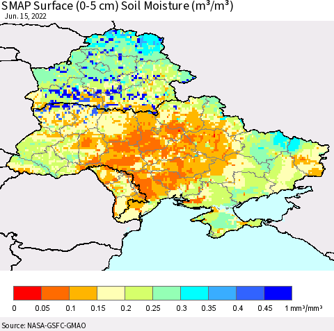 Ukraine, Moldova and Belarus SMAP Surface (0-5 cm) Soil Moisture (m³/m³) Thematic Map For 6/11/2022 - 6/15/2022