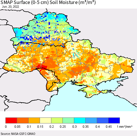 Ukraine, Moldova and Belarus SMAP Surface (0-5 cm) Soil Moisture (m³/m³) Thematic Map For 6/16/2022 - 6/20/2022