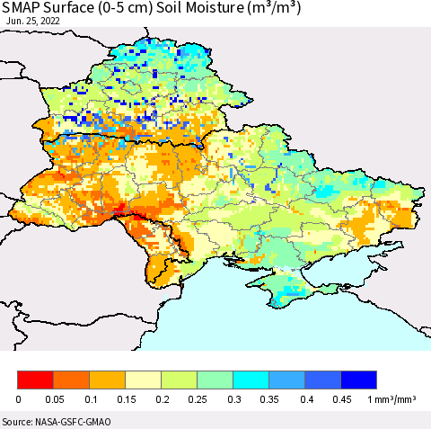 Ukraine, Moldova and Belarus SMAP Surface (0-5 cm) Soil Moisture (m³/m³) Thematic Map For 6/21/2022 - 6/25/2022