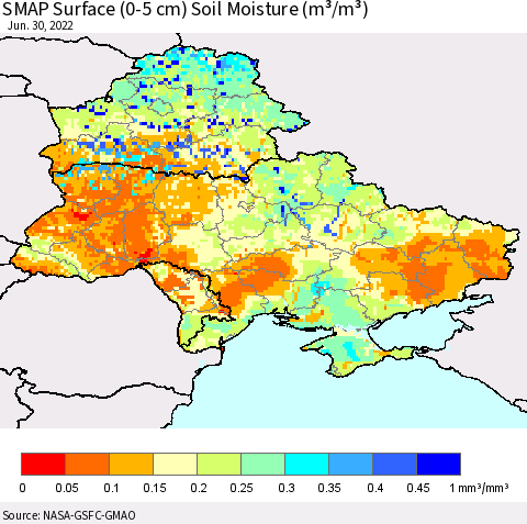 Ukraine, Moldova and Belarus SMAP Surface (0-5 cm) Soil Moisture (m³/m³) Thematic Map For 6/26/2022 - 6/30/2022