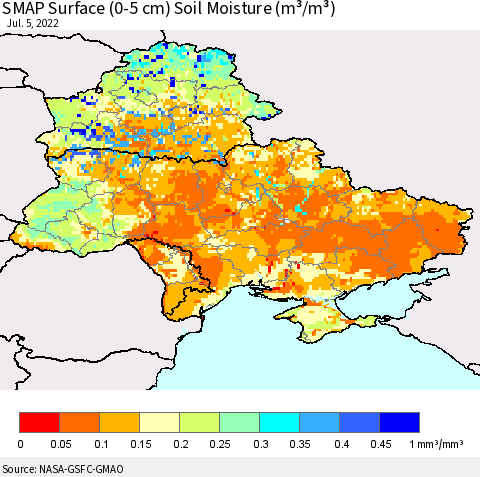 Ukraine, Moldova and Belarus SMAP Surface (0-5 cm) Soil Moisture (m³/m³) Thematic Map For 7/1/2022 - 7/5/2022