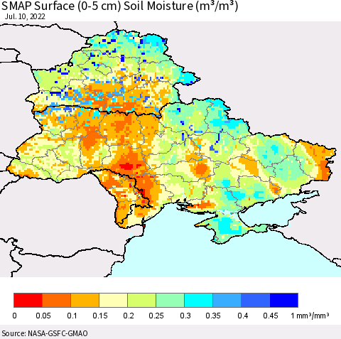 Ukraine, Moldova and Belarus SMAP Surface (0-5 cm) Soil Moisture (m³/m³) Thematic Map For 7/6/2022 - 7/10/2022