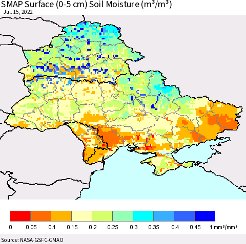 Ukraine, Moldova and Belarus SMAP Surface (0-5 cm) Soil Moisture (m³/m³) Thematic Map For 7/11/2022 - 7/15/2022