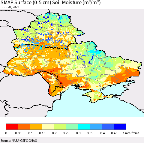 Ukraine, Moldova and Belarus SMAP Surface (0-5 cm) Soil Moisture (m³/m³) Thematic Map For 7/16/2022 - 7/20/2022