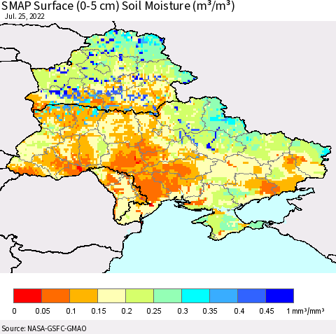 Ukraine, Moldova and Belarus SMAP Surface (0-5 cm) Soil Moisture (m³/m³) Thematic Map For 7/21/2022 - 7/25/2022
