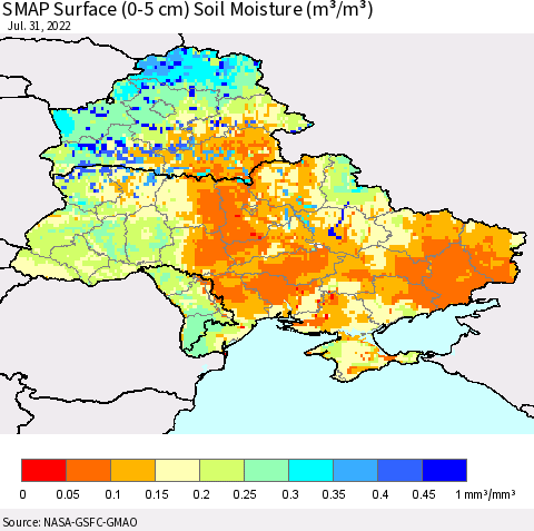 Ukraine, Moldova and Belarus SMAP Surface (0-5 cm) Soil Moisture (m³/m³) Thematic Map For 7/26/2022 - 7/31/2022