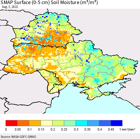 Ukraine, Moldova and Belarus SMAP Surface (0-5 cm) Soil Moisture (m³/m³) Thematic Map For 8/1/2022 - 8/5/2022