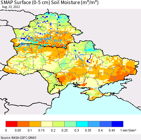 Ukraine, Moldova and Belarus SMAP Surface (0-5 cm) Soil Moisture (m³/m³) Thematic Map For 8/6/2022 - 8/10/2022