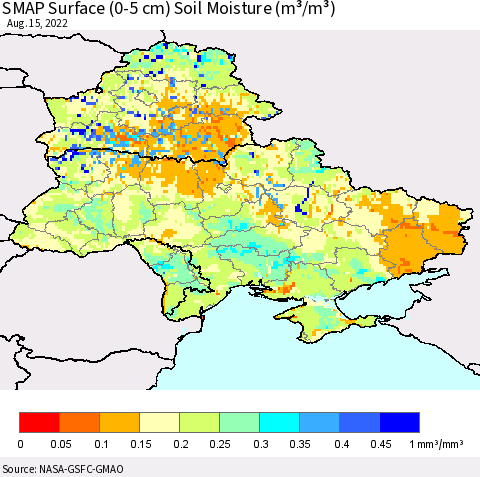 Ukraine, Moldova and Belarus SMAP Surface (0-5 cm) Soil Moisture (m³/m³) Thematic Map For 8/11/2022 - 8/15/2022