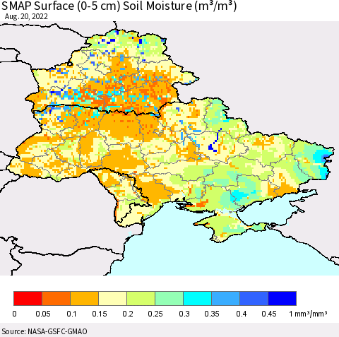 Ukraine, Moldova and Belarus SMAP Surface (0-5 cm) Soil Moisture (m³/m³) Thematic Map For 8/16/2022 - 8/20/2022