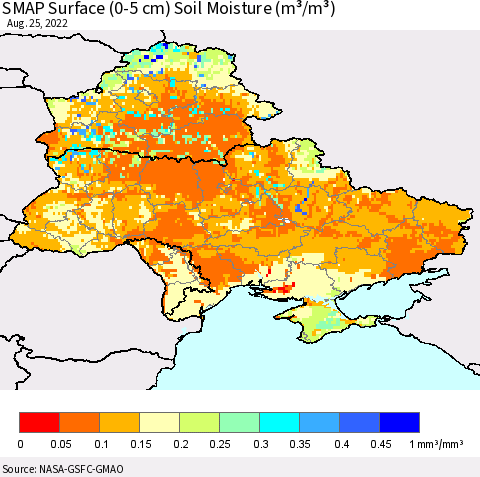 Ukraine, Moldova and Belarus SMAP Surface (0-5 cm) Soil Moisture (m³/m³) Thematic Map For 8/21/2022 - 8/25/2022