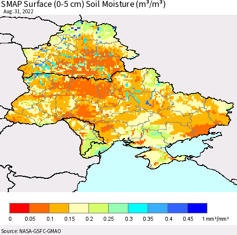 Ukraine, Moldova and Belarus SMAP Surface (0-5 cm) Soil Moisture (m³/m³) Thematic Map For 8/26/2022 - 8/31/2022