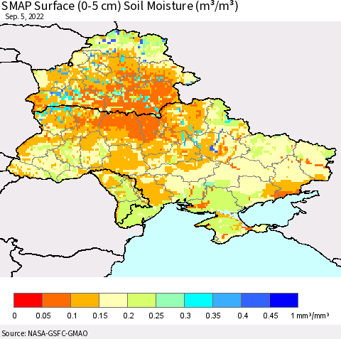 Ukraine, Moldova and Belarus SMAP Surface (0-5 cm) Soil Moisture (m³/m³) Thematic Map For 9/1/2022 - 9/5/2022