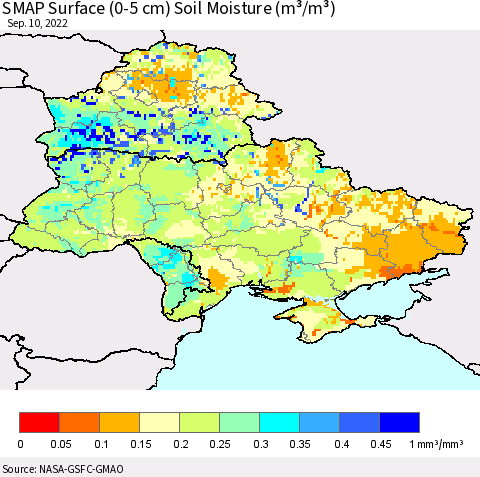 Ukraine, Moldova and Belarus SMAP Surface (0-5 cm) Soil Moisture (m³/m³) Thematic Map For 9/6/2022 - 9/10/2022