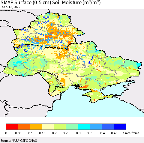 Ukraine, Moldova and Belarus SMAP Surface (0-5 cm) Soil Moisture (m³/m³) Thematic Map For 9/11/2022 - 9/15/2022