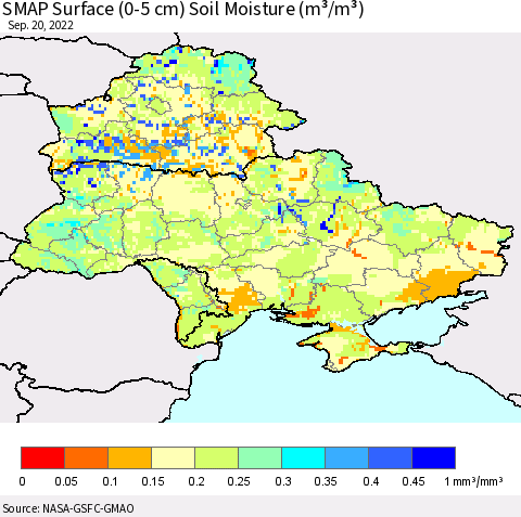 Ukraine, Moldova and Belarus SMAP Surface (0-5 cm) Soil Moisture (m³/m³) Thematic Map For 9/16/2022 - 9/20/2022