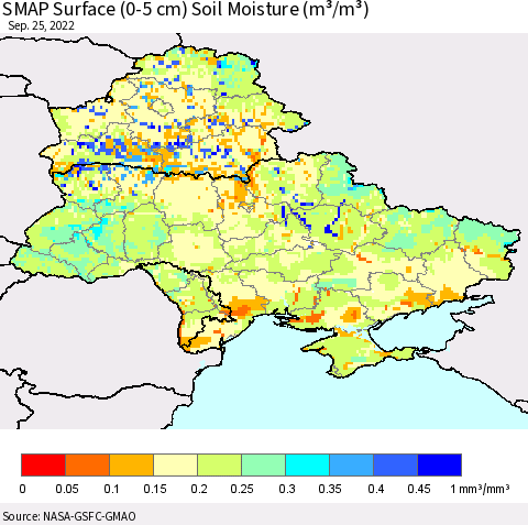 Ukraine, Moldova and Belarus SMAP Surface (0-5 cm) Soil Moisture (m³/m³) Thematic Map For 9/21/2022 - 9/25/2022