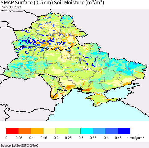 Ukraine, Moldova and Belarus SMAP Surface (0-5 cm) Soil Moisture (m³/m³) Thematic Map For 9/26/2022 - 9/30/2022