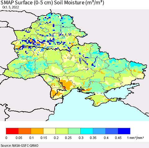 Ukraine, Moldova and Belarus SMAP Surface (0-5 cm) Soil Moisture (m³/m³) Thematic Map For 10/1/2022 - 10/5/2022