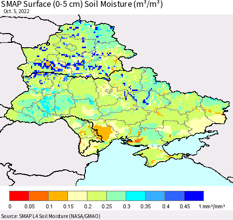 Ukraine, Moldova and Belarus SMAP Surface (0-5 cm) Soil Moisture (m³/m³) Thematic Map For 10/1/2022 - 10/5/2022