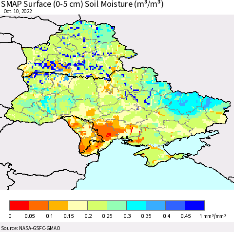 Ukraine, Moldova and Belarus SMAP Surface (0-5 cm) Soil Moisture (m³/m³) Thematic Map For 10/6/2022 - 10/10/2022