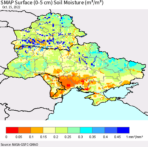 Ukraine, Moldova and Belarus SMAP Surface (0-5 cm) Soil Moisture (m³/m³) Thematic Map For 10/11/2022 - 10/15/2022